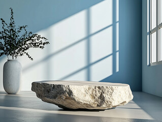 Decorative stone table casting shadows in a serene modern room infused with natural light