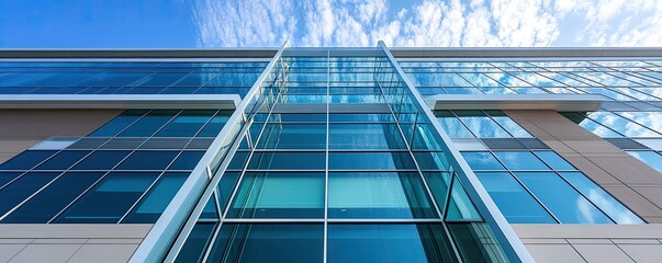 Obraz premium Modern Glass Architecture with Blue Sky and Clouds Reflection