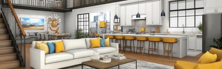 Modern open-plan loft apartment with kitchen, living room, and staircase.
