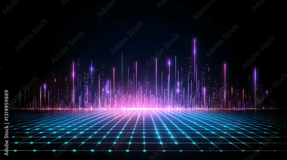 Poster abstract digital technology visual representation with glowing grid and lines displaying data transm