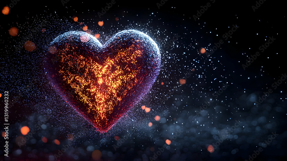 Poster glowing heart shape created with light and particles on dark background