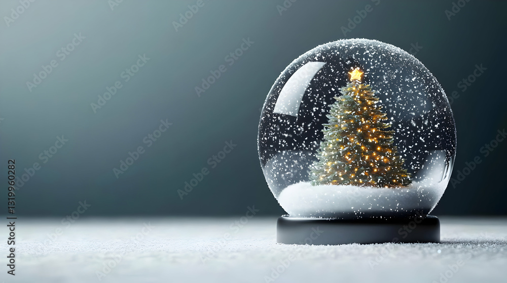 Poster decorative glass snow globe displaying illuminated christmas tree with artificial snow on a gray bac