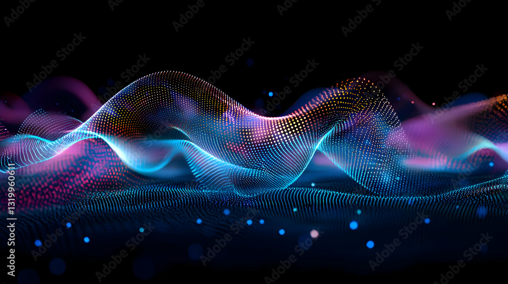 Poster abstract digital visualization of colorful data wave with glowing particles over black background