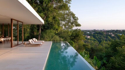 Fototapeta premium Luxury Poolside Retreat: A modern villa with an infinity pool overlooking a lush green landscape and cityscape creating a luxurious serene escape 