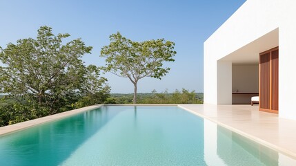 Fototapeta premium Contemporary Oasis: A serene swimming pool reflects the clear blue sky, inviting tranquility. The sleek lines of the modern architecture create a captivating contrast.