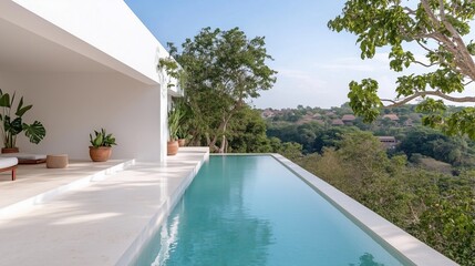Fototapeta premium Infinity Pool Oasis: Serene scene showcasing an infinity pool merging seamlessly with the horizon. Clean lines, minimalist design, and surrounding natural beauty evokes luxury and tranquility.