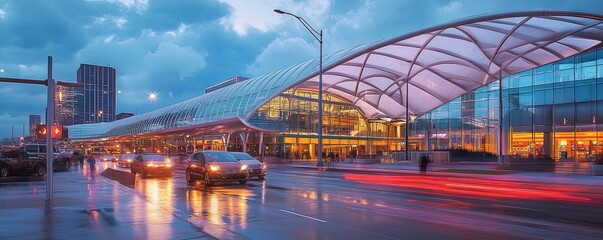 Modern Airport Terminal at Dusk with Vibrant Cityscape Reflections