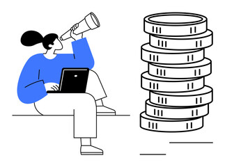 Woman holding a telescope, seated with a laptop near a towering stack of coins, signifying financial goals, market research, wealth monitoring. Ideal for finance, investment, planning, analytics