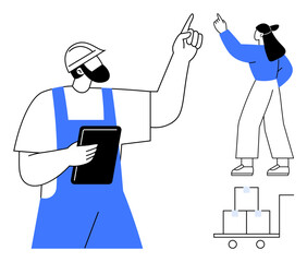 Worker with tablet and colleague pointing at stacked boxes on trolley, discussing inventory or logistics. Ideal for teamwork, logistics, inventory management, supply chain, warehouse organization