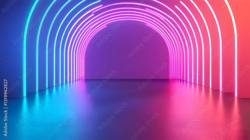 Poster abstract neon tunnel with gradient lighting effect showing arc shape on concrete floor