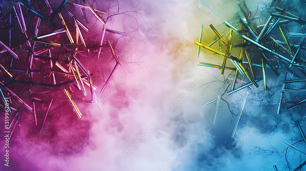 Poster abstract digital art with colorful gradient background and glowing fragments in smoke