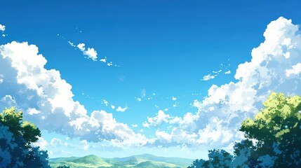 Fototapeta premium Serene Landscape with Clear Blue Sky and Fluffy White Clouds Overrolling Lush Green Hills in a Peaceful Natural Setting