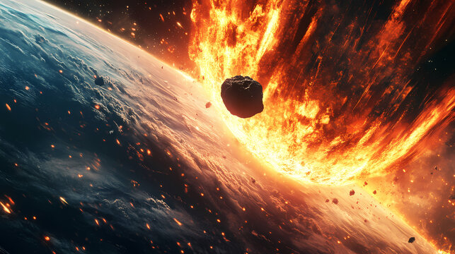 Asteroid impact concept. a spectacular view of a fiery meteor approaching earth with vivid cosmic details. Fiery Brilliance. Illustration