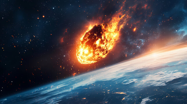 Asteroid impact concept. a spectacular view of a fiery meteor approaching earth with vivid cosmic details. Fiery Brilliance. Illustration
