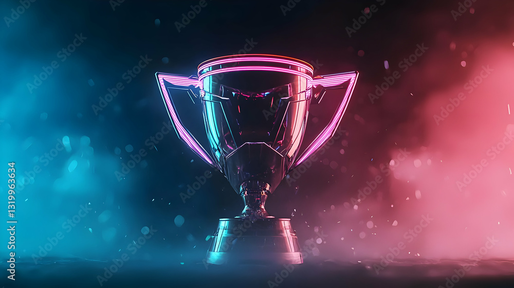 Poster Illuminated Trophy in a Dark Setting with Blue and Red Hues Creating a Dramatic Atmosphere