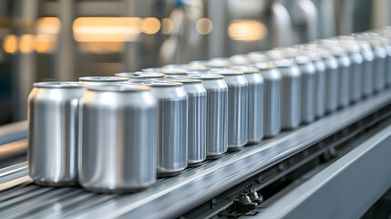 Aluminum Cans Moving Along Conveyor Belt In Modern Beverage Production Facility With Bright Industrial Lighting