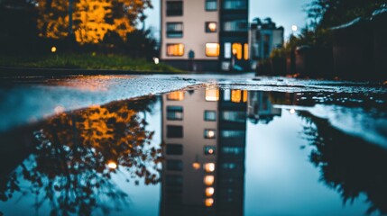 Fototapeta premium A Tranquil Evening Urban Scene Captured in Reflections of Puddles with Vibrant Colors and Soft Lighting Near Residential Buildings After Rainfall