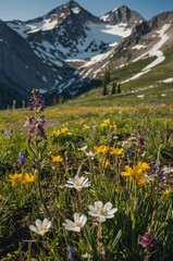 Fototapeta premium Mountain meadow ablaze with wildflowers against snow-capped peaks under a clear blue sky.