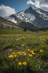 Obraz premium Alpine meadow ablaze with wildflowers, set against a majestic snow-capped mountain backdrop.
