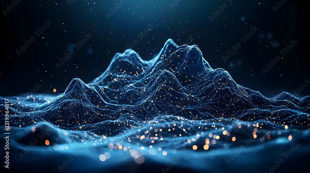 Poster abstract blue digital landscape with glowing particles and dark background in 3d rendering