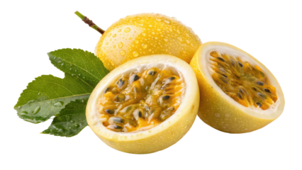 Fresh yellow passion fruit with a smooth golden rind and juicy pulp perfect for tropical fruit illustrations, organic food branding, and healthy beverage designs on transparent background PNG