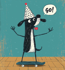 Fototapeta na wymiar Dog in a party hat joyfully skateboarding with excitement in a colorful, whimsical setting