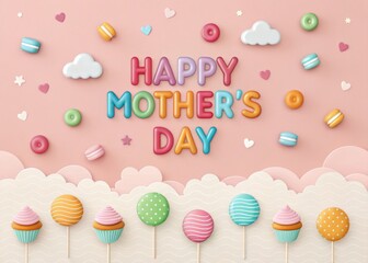 Happy Mother's Day greeting card with colorful treats and clouds