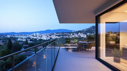 Fototapeta premium Modern Lounge Balcony Overlooking Scenic Cityscape at Dusk, Featuring Sleek Furniture and Expansive View of Urban Landscape and Mountains in the Background
