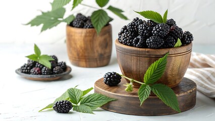 Fresh Blackberries with Leaves in a Wooden Vase on White Background