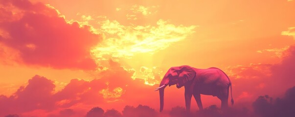 Fototapeta premium A large elephant walks across a colorful sky during sunset