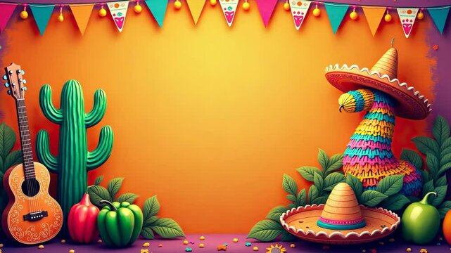 Vibrant cinco de mayo celebration, festive pinata, sombrero, guitar, cactus, colorful bunting, peppers, mexican culture, bright colors concept