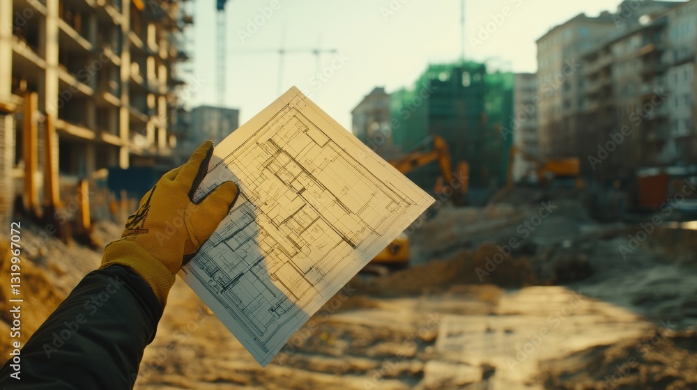 Aufkleber construction worker examines blueprint at a building site with machinery in the background during go