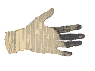 Vintage newspaper cutout representation of a human hand with textured details and faded print patterns from a forgotten era