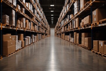 Fototapeta premium Large warehouse with stacked cardboard boxes 