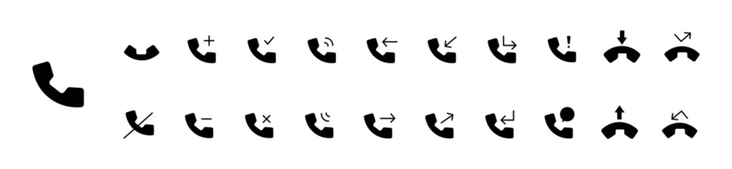 set of black phone icons, call, phone call control vector icons