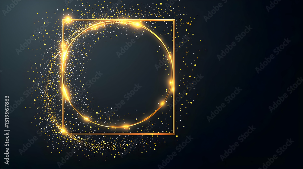 Poster golden square and circle frames with glitter on dark background luxury design element