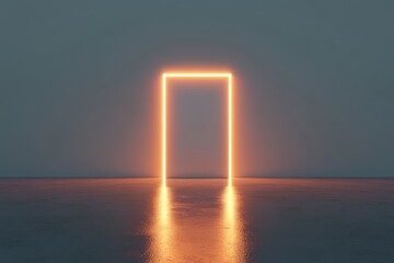 Neon doorway glowing on reflective floor	