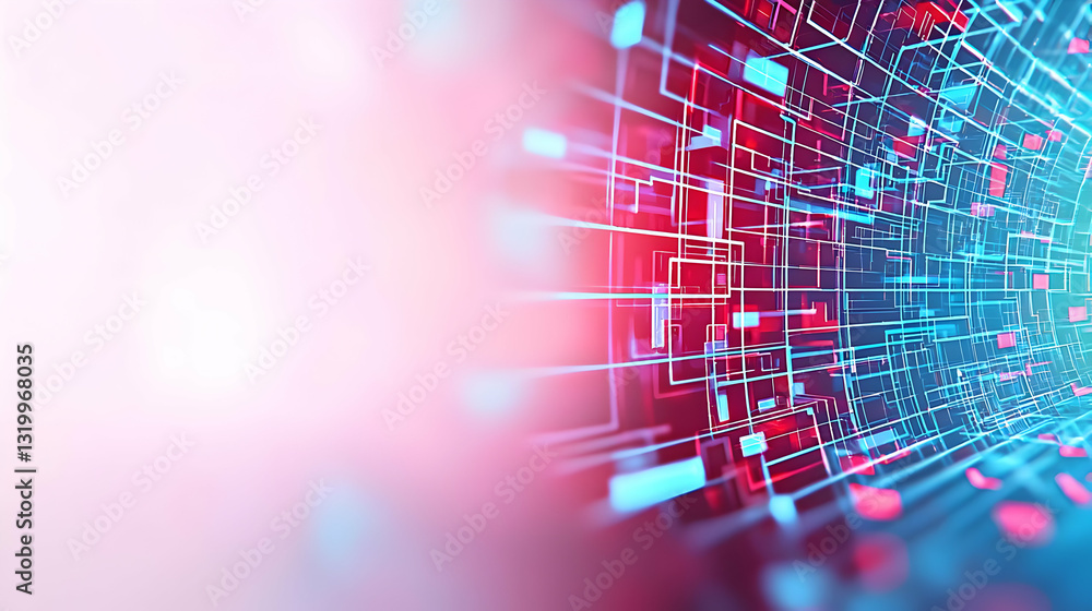 Aufkleber vivid blue and red data flowing in futuristic digital network abstract background with soft pink lig
