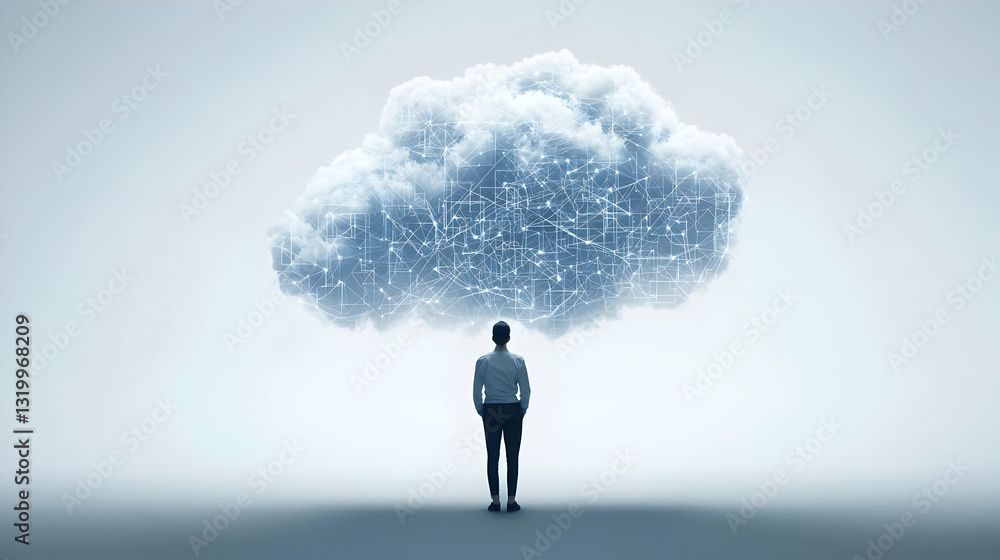 Poster businessman looking at futuristic cloud computing network data storage with blue white light in abst