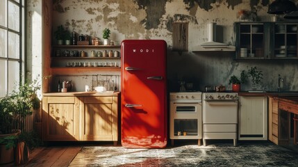 A modern kitchen features a vibrant red refrigerator within