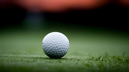 Fototapeta premium Close Up Of A White Golf Ball Resting On Lush Green Grass With A Shallow Depth Of Field And Blurred Background At Sunset