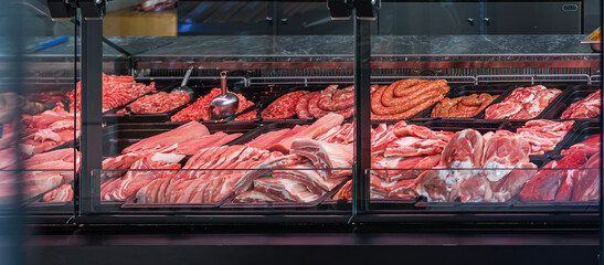 Close-up of meat counter in butcher shop with variety of fresh cuts. Display showcases quality...