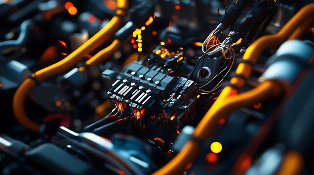 Detailed automotive ignition system close-up offering high-tech and engineering aesthetics