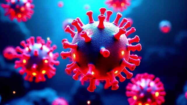Close-up view of a colorful virus model showcasing intricate details against a vibrant background