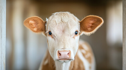 Cream-colored calf with gentle expression in rustic barn environment
