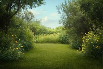 Obraz premium Lush green pathway surrounded by vibrant wildflowers under a clear blue sky in early afternoon light
