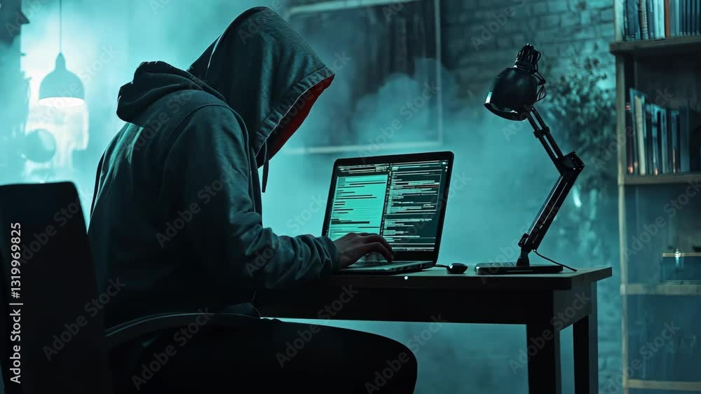 Poster a mysterious hacker sits in a dark room and types intensively on a laptop