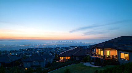 Obraz premium Panoramic Twilight View of Suburban Homes with City Skyline on the Horizon During a Serene Sunset