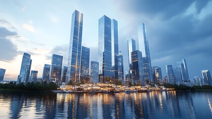 Obraz premium Modern cityscape with towering skyscrapers reflecting in calm waterscape scene