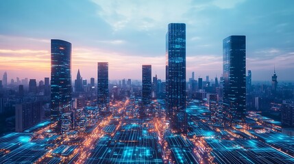 Futuristic urban landscape with digital network overlay and towering skyscrapers